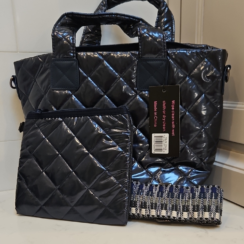 Stylish Navy Quilted‎ Tote Bag Set